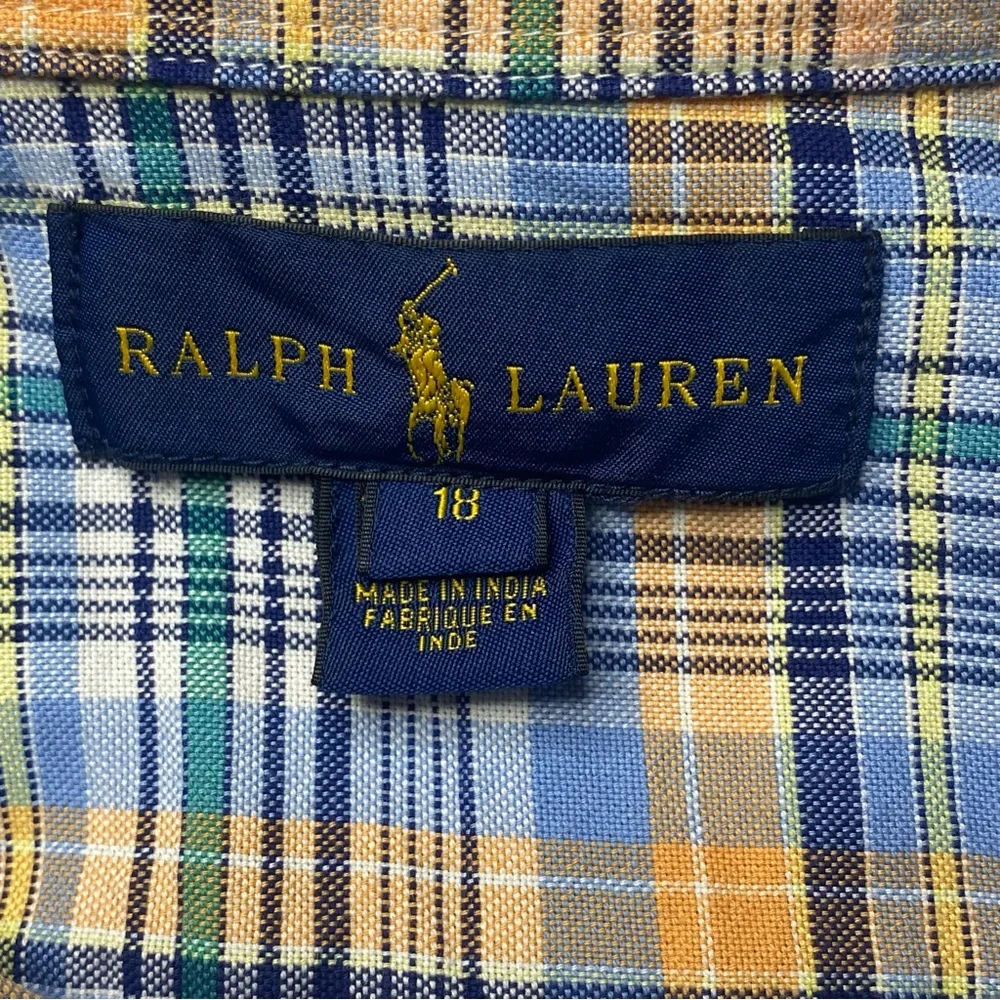 Ralph Lauren Button Down Shirt Youth Boy Size 18 Blue Orange Plaid Preppy